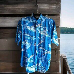 Bimini Bay Hawaiian shirt men's XL Blue Short Sleeve All Over Print Fish & Boat